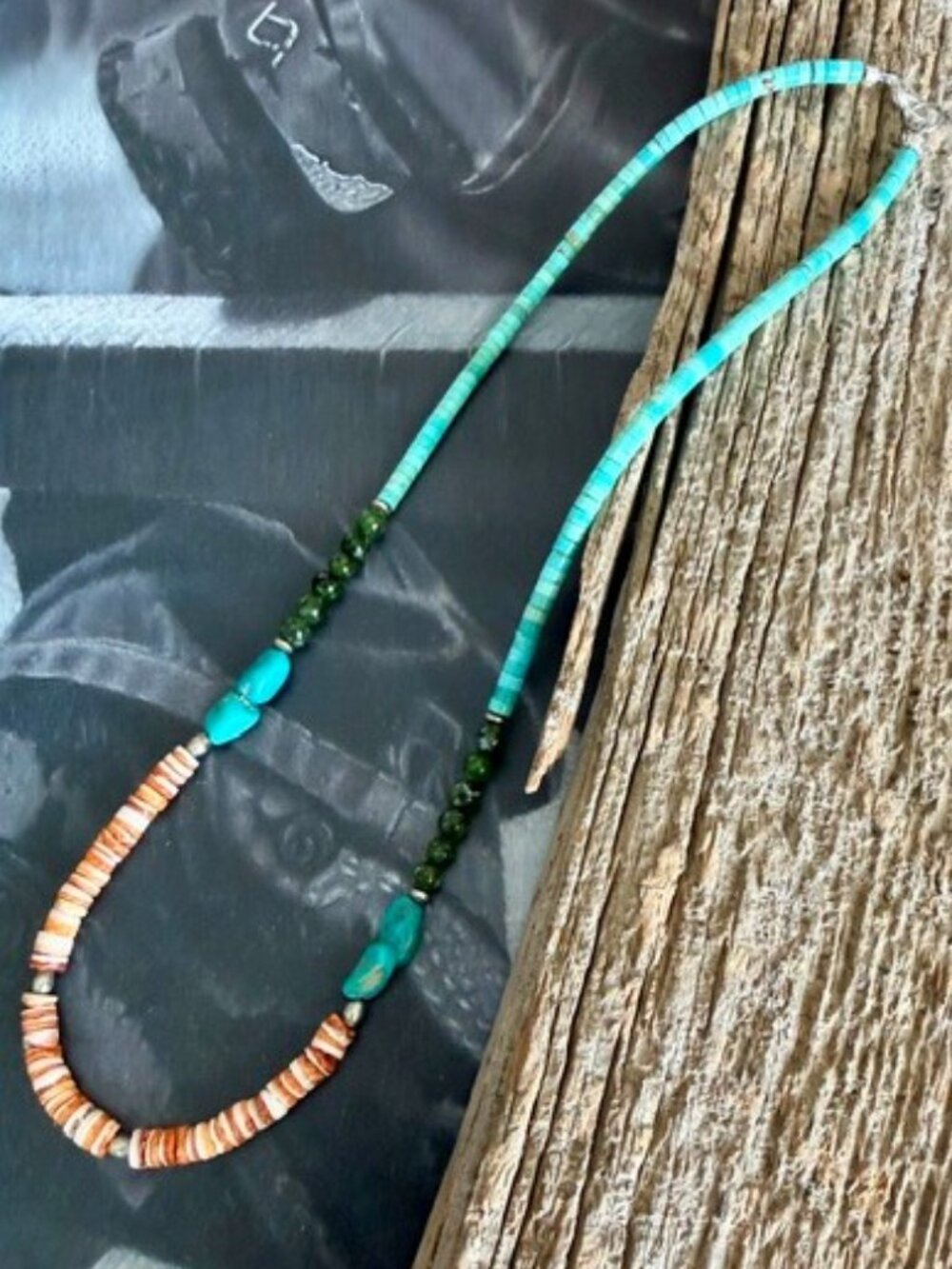 Orange Spiny Oyster, Chrome Diopside & Turquoise Necklace